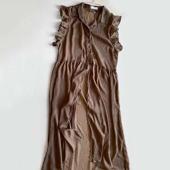 Echo Rose Brown Sheer Button Down Ruffle Sleeve Long Tunic Dress Cover-Up Size S - Picture 5 of 7